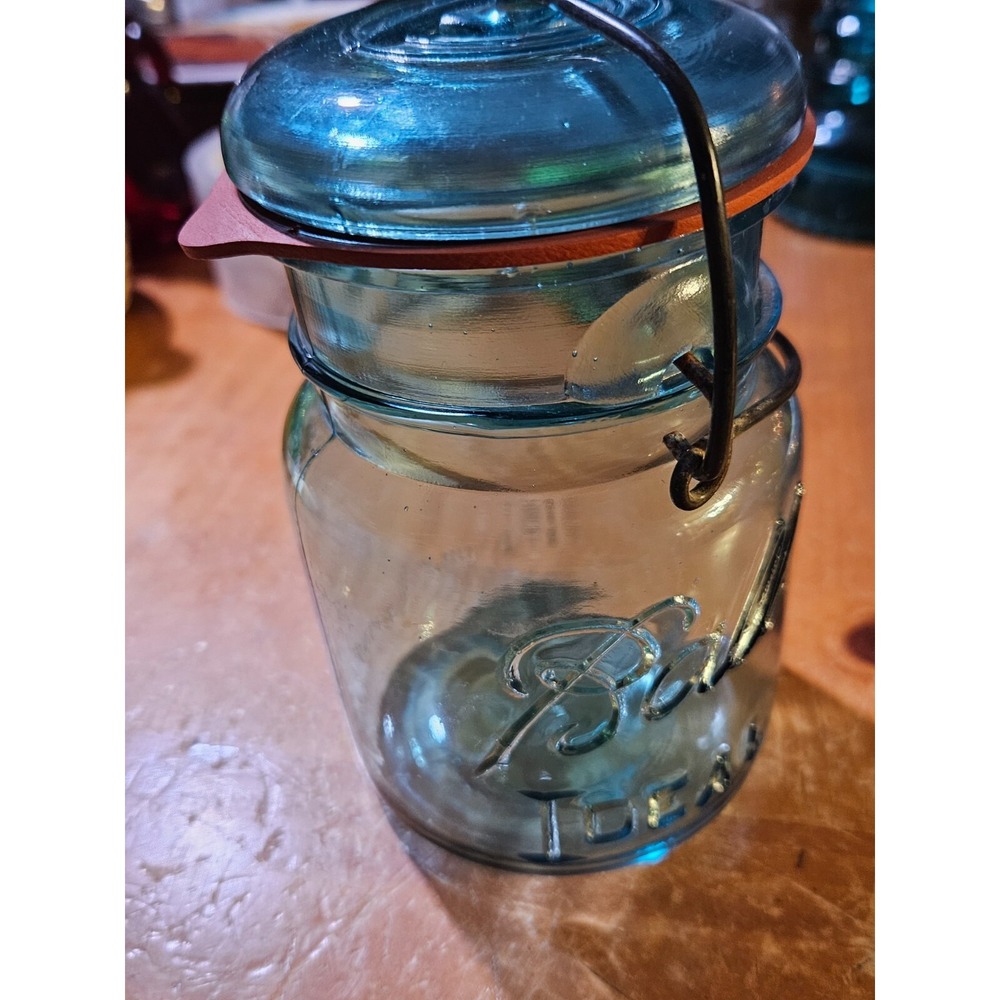 2 Vintage Ball Ideal Mason Jar 1 With Lid and 1 Without, Wire Closure Blue Aqua